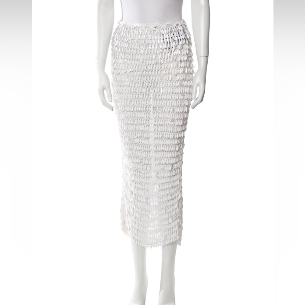 RETROFETE Dolores White Crochet Sequin Sheer Midi Skirt